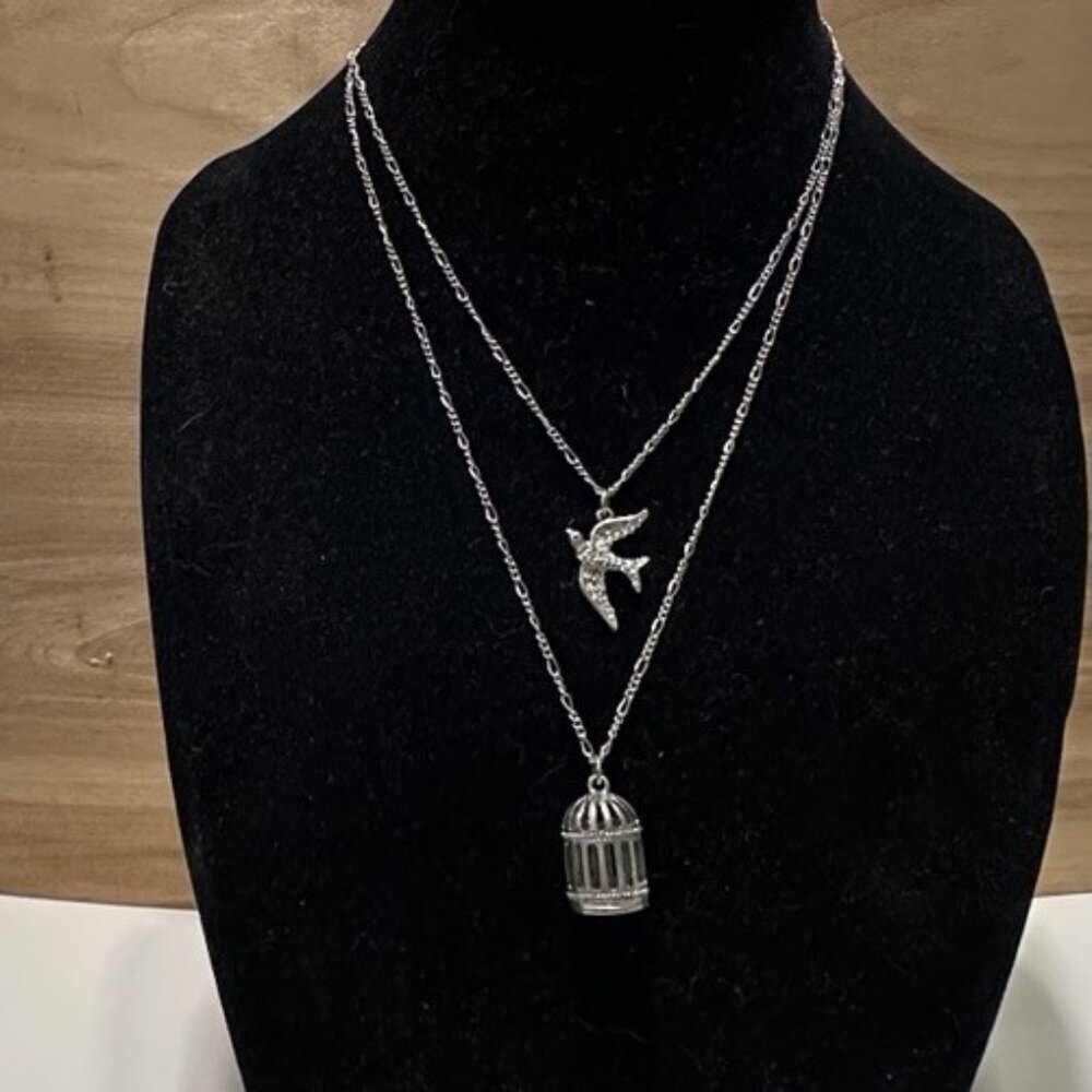 silver tone Multi strand bird cage flying bird pendant necklace Free Uncaged